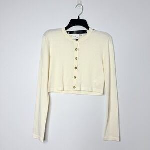 Courreges Paris Womens Sz L cropped Cardigan fine-knit Ivory Buckle Strap Detail